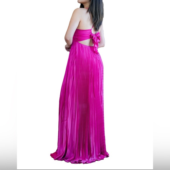 Satin Pleated Maxi Dress - Fuchsia - Picture 2 of 4